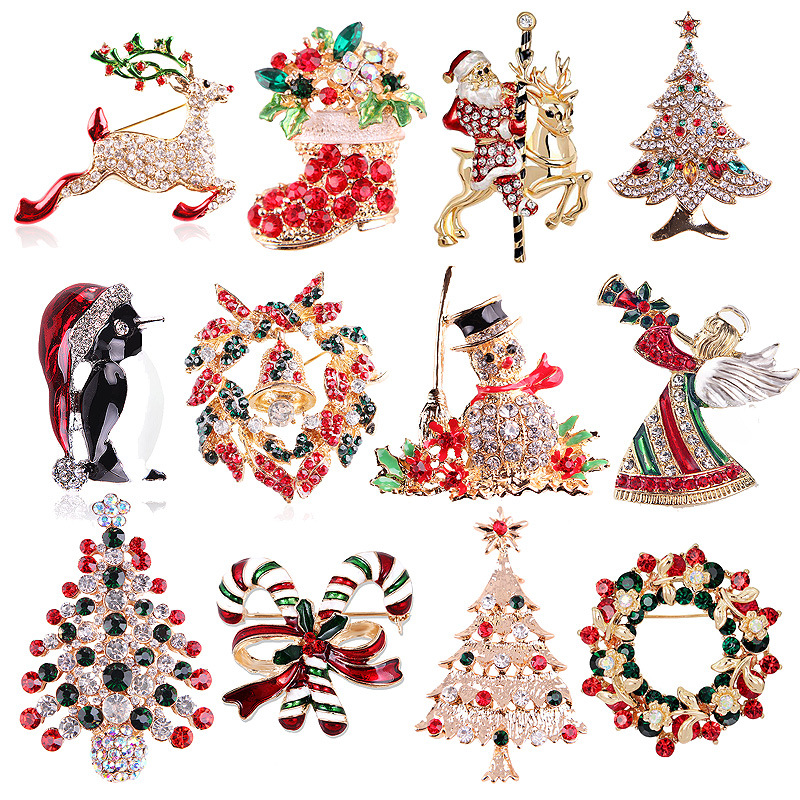 Vintage Collectible Pins - Vintage strass kerstbroche collectie, kerstboom rendier